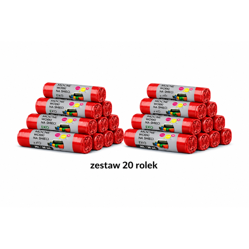 ZESTAW WORKÓW 35L  Z GRUBEJ FOLII 1000 sztuk worków (Czerwony)