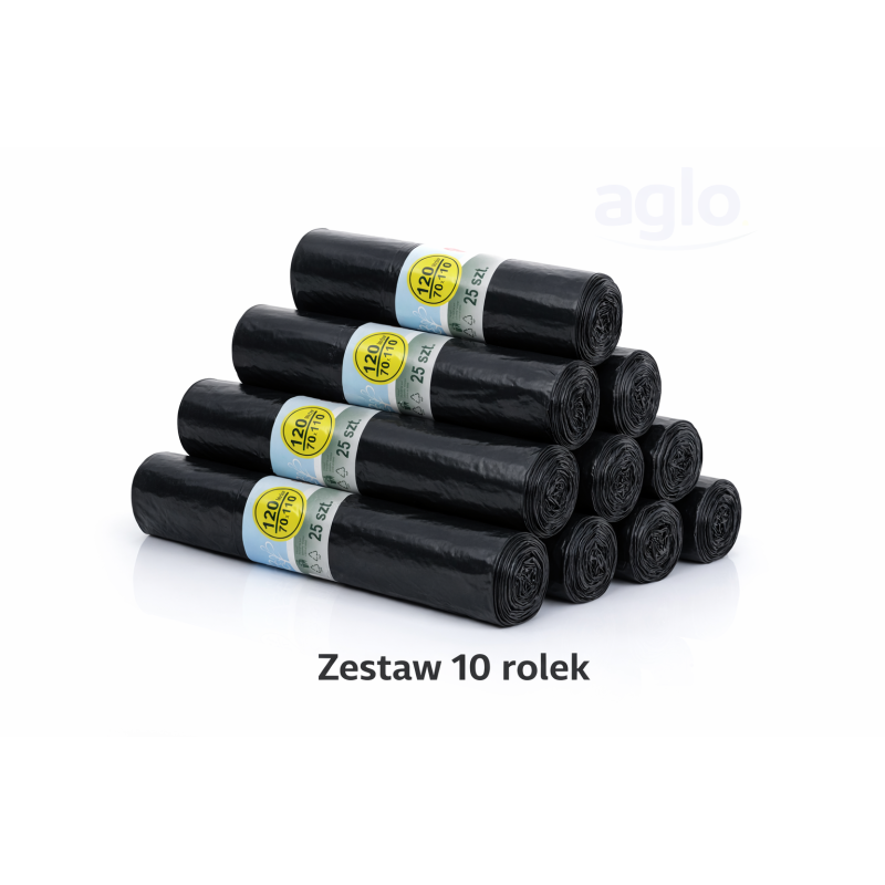 ZESTAW 10 ROL. WORKÓW 120L SUPER GRUBYCH 250 szt worków (Czarny)
