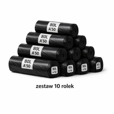 ZESTAW 10 RLEK WYTRZYMAŁYCH WORKÓW O ZWIĘKSZONEJ POJEMNOŚCI 80L (Czarny)