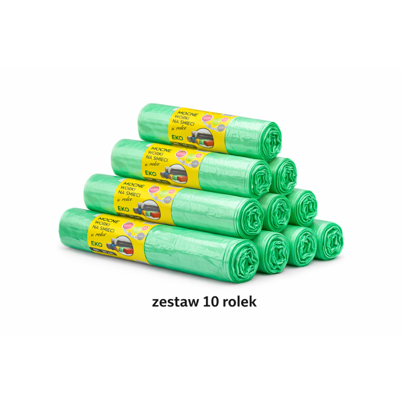 ZESTAW 10 ROLEK MOCNYCH WORKÓW 60L 500 SZTUK WORKÓW (Zielony)